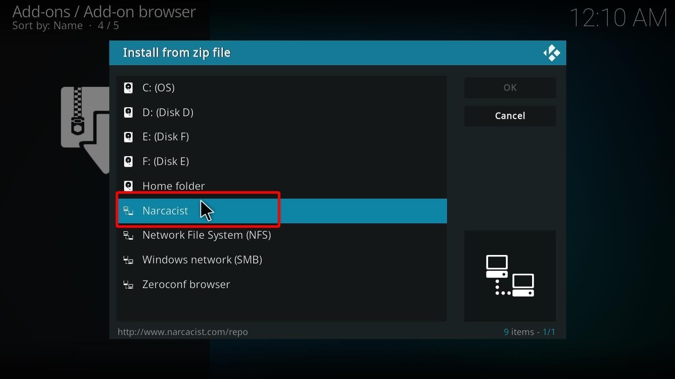 Kodi install from Narcacist Repo zip file