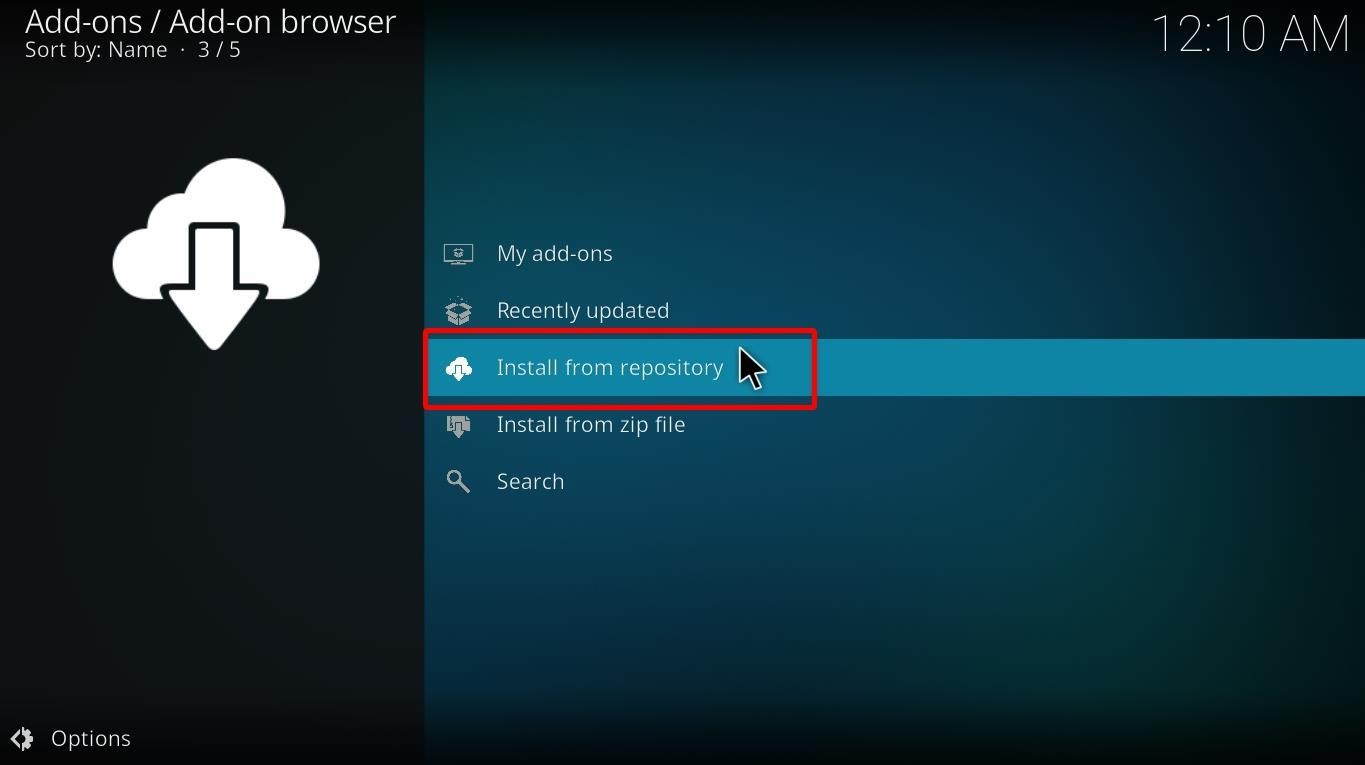 Kodi install from repository option under Add-ons/Add-on browser