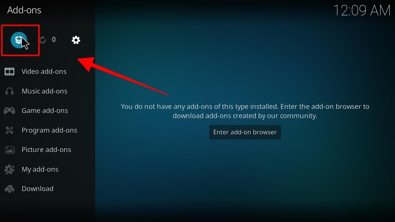 Kodi install icon from the repository option under Add-ons