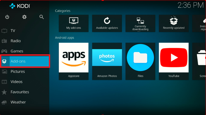 Kodi on the Add-ons menu