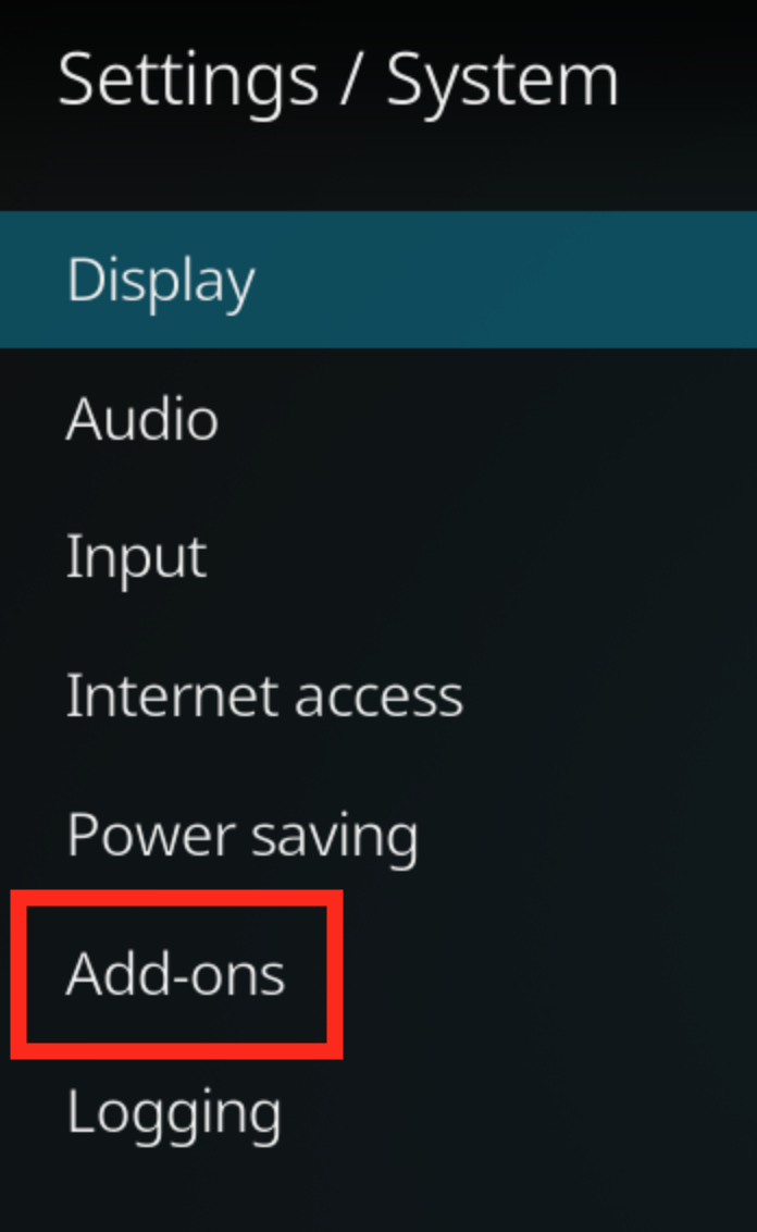 Kodi settings menu with the Add-ons button highlighted