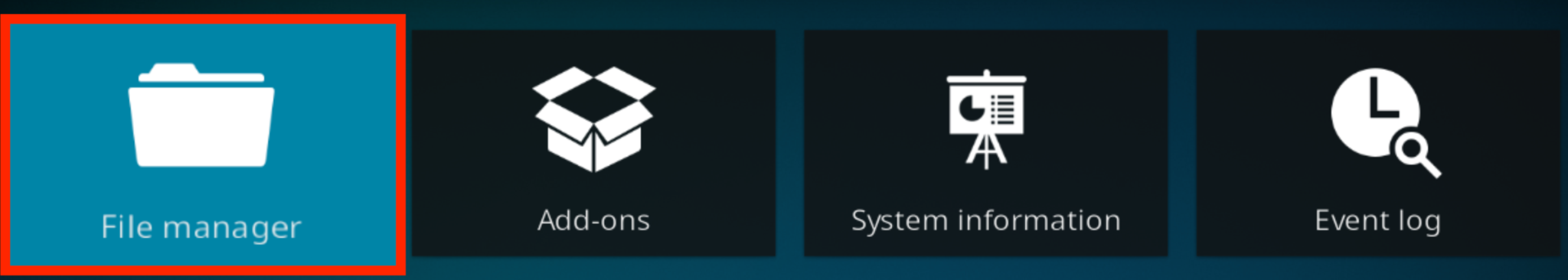 Kodi settings tile menu with File manager highlighted
