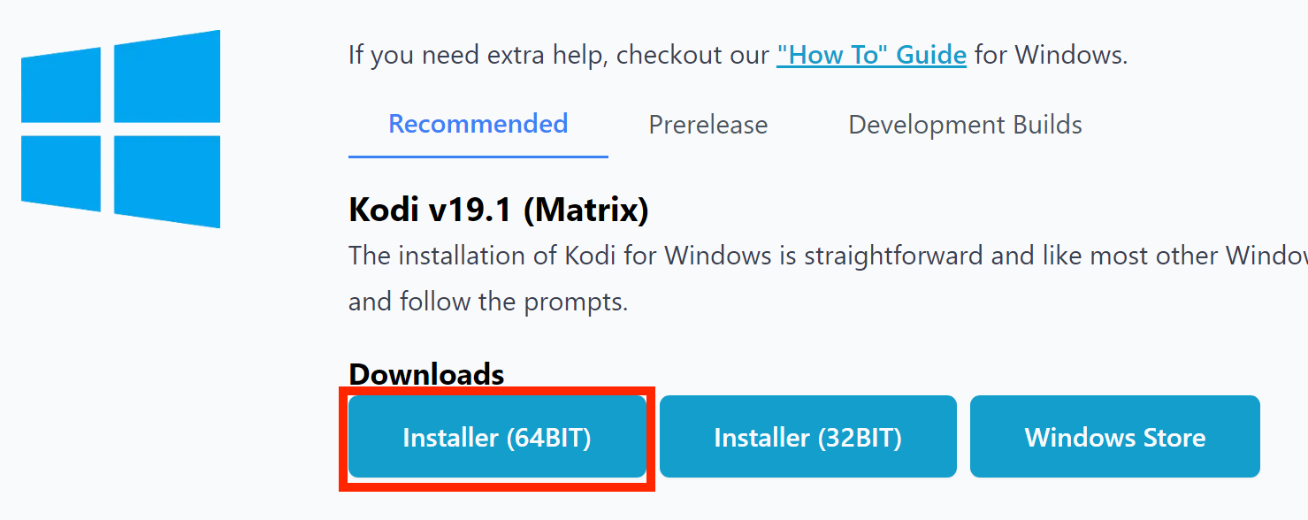 Kodi v19.1 (Matrix) on Windows downloads with Installer (64BIT) highlighted