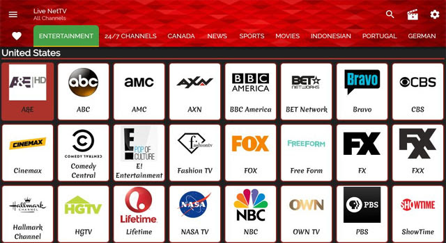 Live Net TV Entertainment tile menu shows many popular TV channel icons