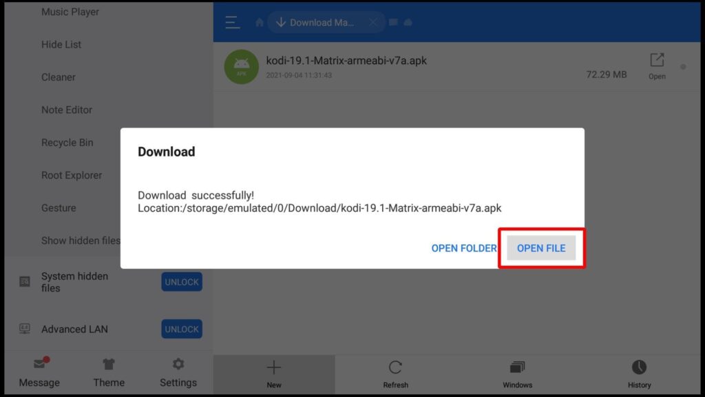 Open File option on File Explorer upon successful Kodi 19.1 download