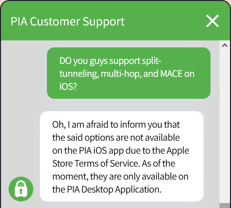 PIA Customer Support window