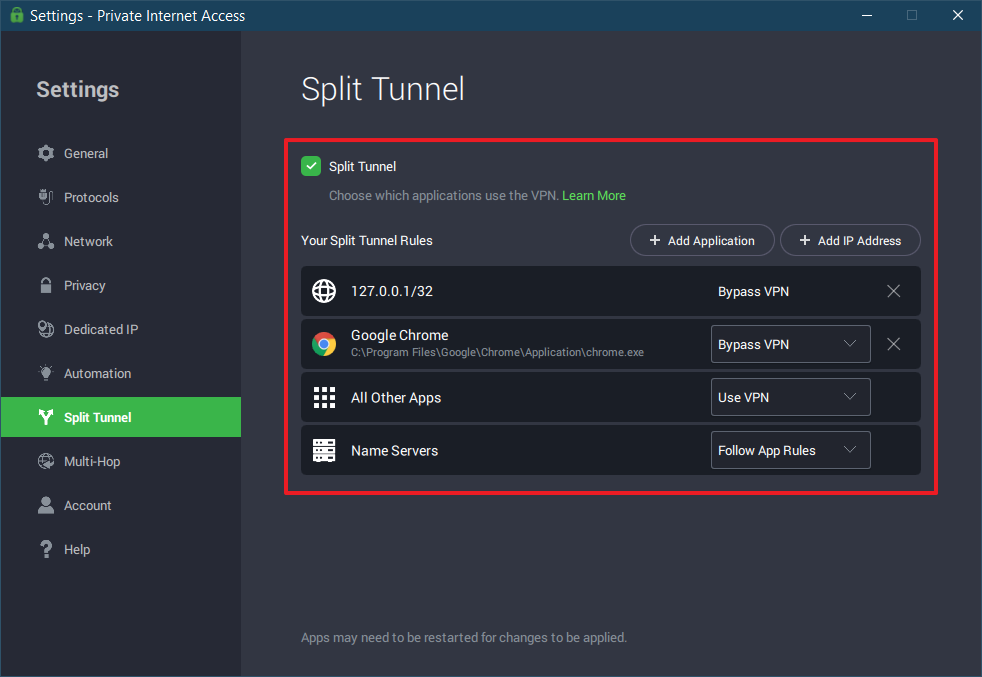 PIA Split Tunnel option in Setting window