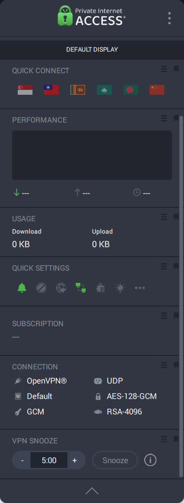 PIA VPN Snooze option to snooze the connection