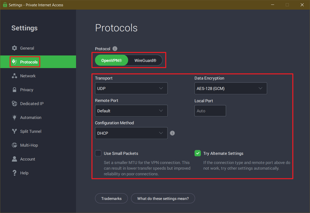 PIA provides a range of protocol-related options