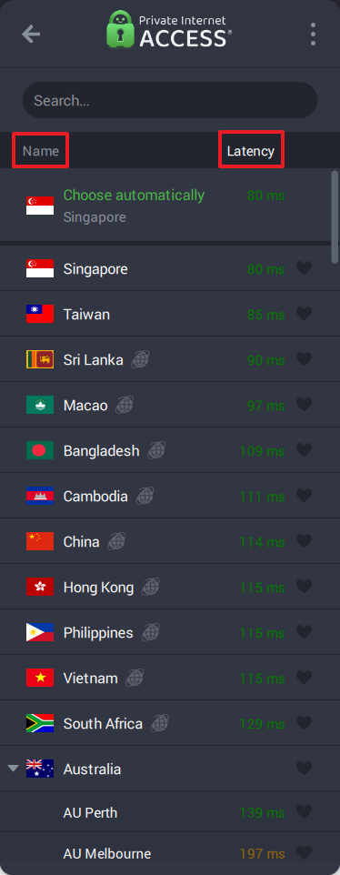 PIA’s VPN location list based on Name and Latency