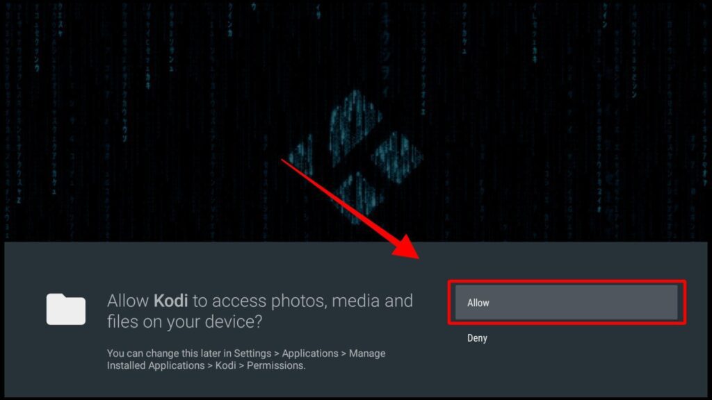 Permission dialog with Allow and Deny options asking to allow Kodi to access photos, media and files on your device