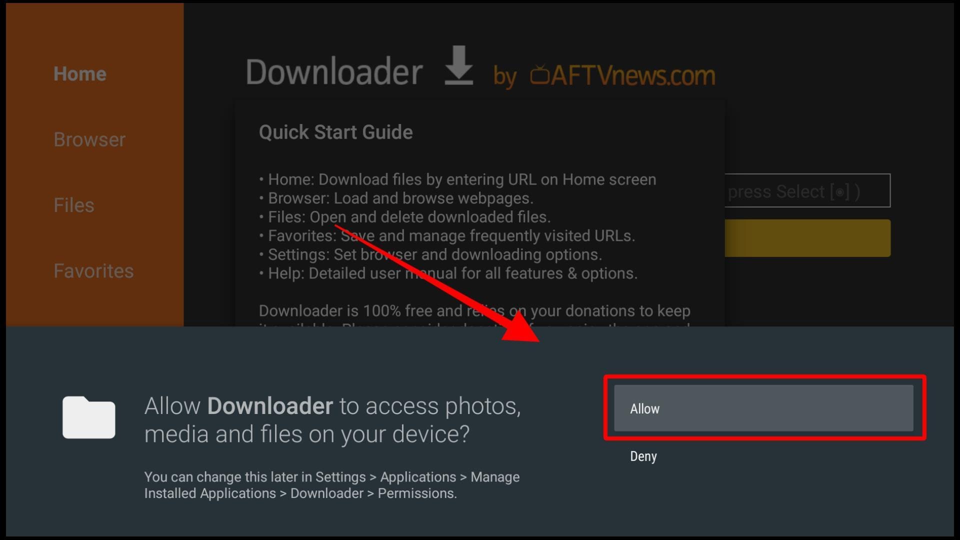 Permission dialog asking to allow Downloader to access photos, media and files on your device with Allow and Deny options