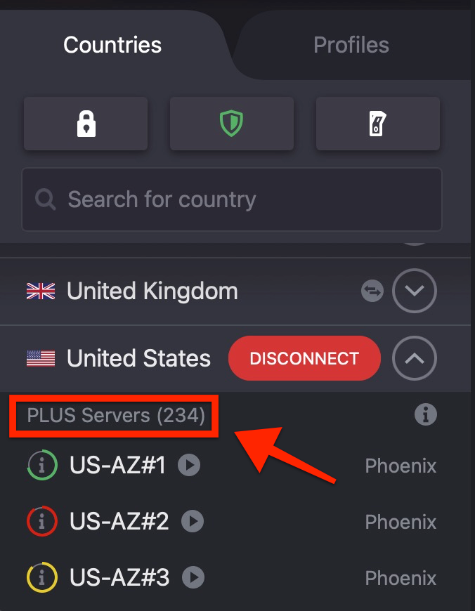 ProtonVPN Plus Servers showing 234 available US servers