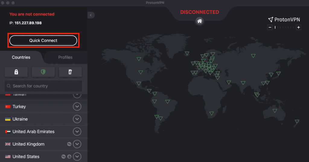 ProtonVPN Quick Connet button with list of countries available to connect with