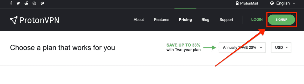 ProtonVPN Signup button placed on the top-right corner of the web page