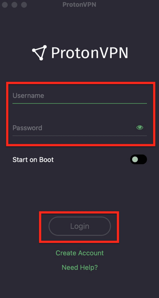 ProtonVPN login screen on MacOS