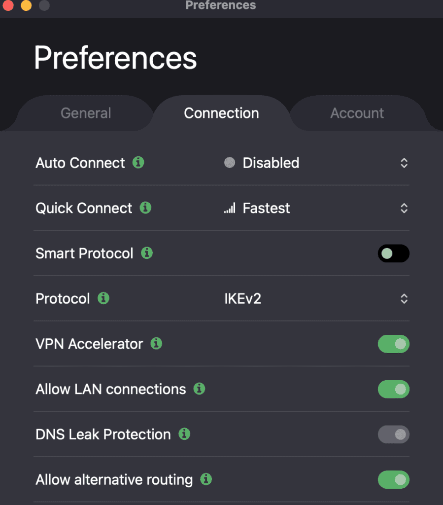 ProtonVPN's Connection menu under Preferences includes auto and quick connect options, Smart Protocol, VPN Accelerator and DNS Leak Protection among others