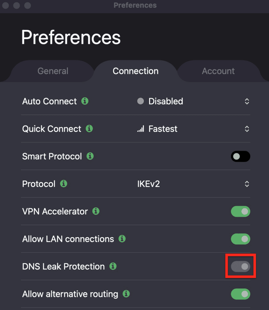 ProtonVPN’s DNS Leak Protection option in the Connection menu appears turned off with a grey toggle button