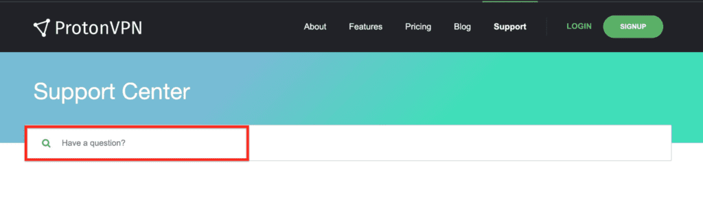 ProtonVPN’s Support Center with a search bar
