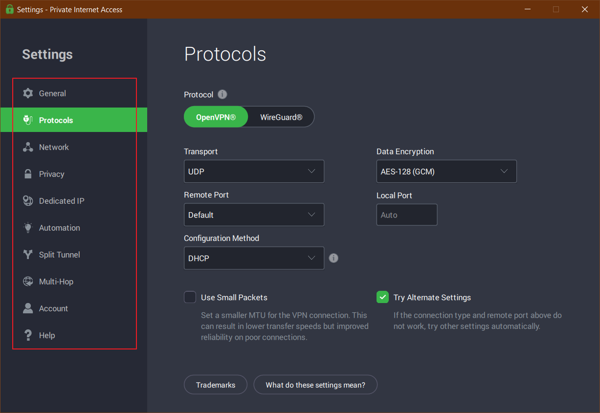 “Settings” window holding an expansive set of PIA VPN features