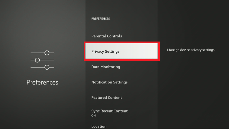 The Amazon Firestick Preferences menu with Privacy Settings highlighted