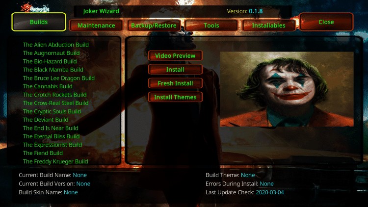 The Joker build Wizard menu