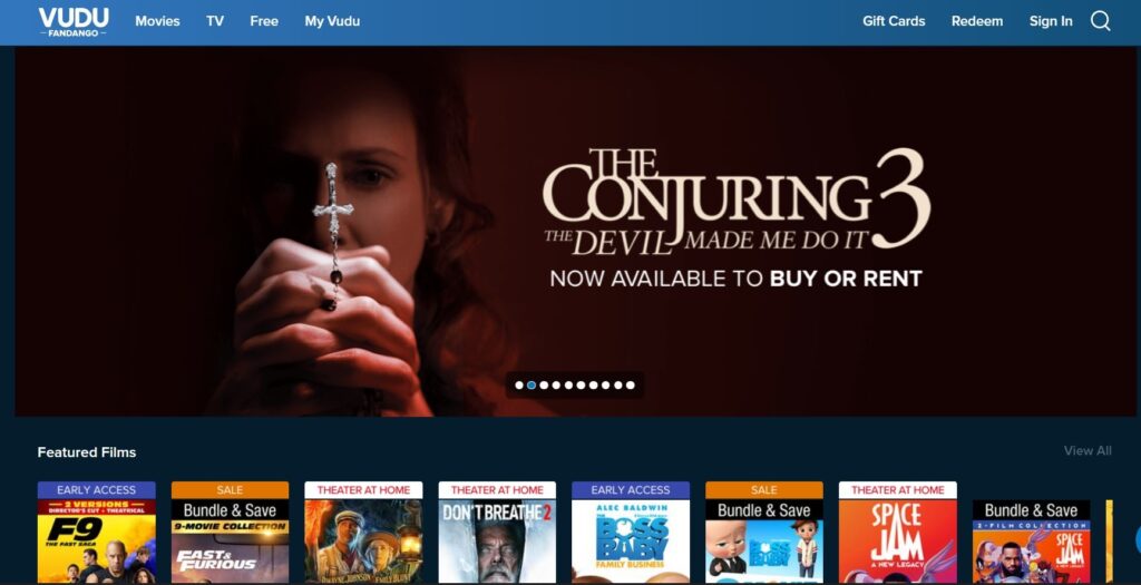 Vudu home page featuring The Conjuring 3 movie available to buy or rent