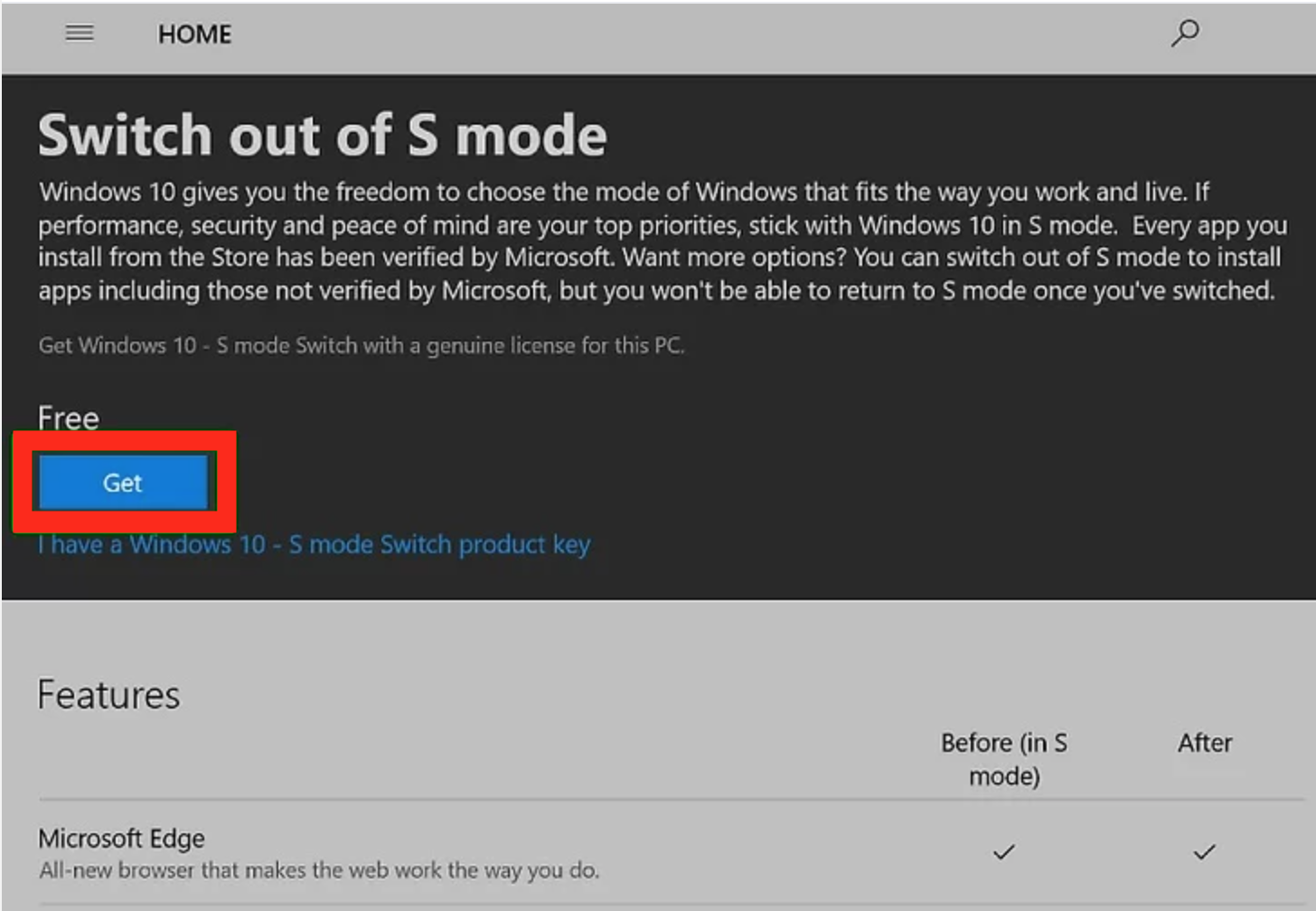 Windows Store Switch out of S mode screen