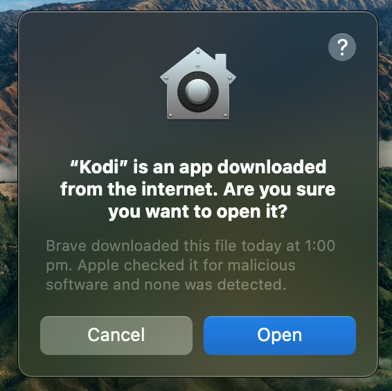 macOS warning screen when attempting to open Kodi