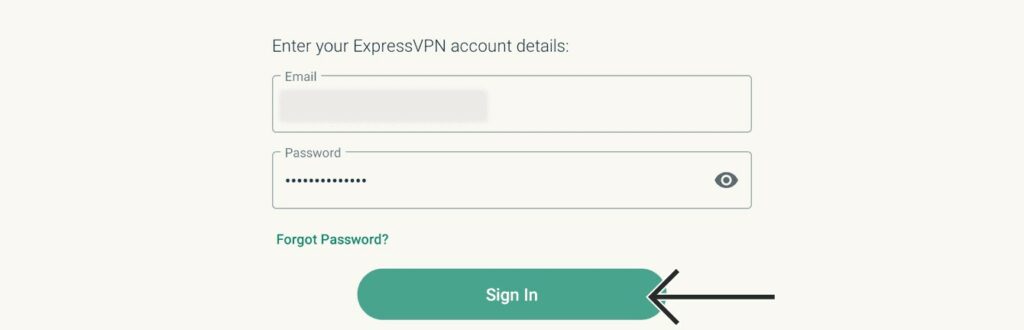 screenshot of ExpressVPN’s login interface