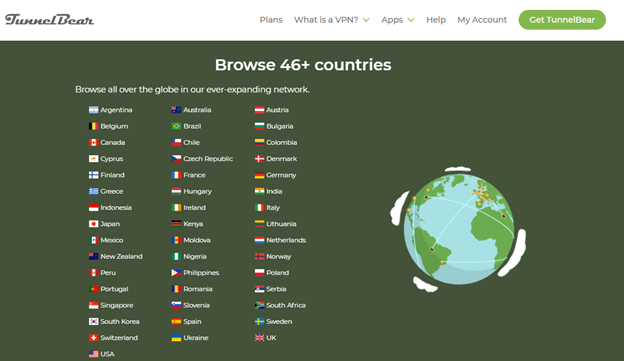 A screenshot of the 46 countries where Tunnelbear servers are located