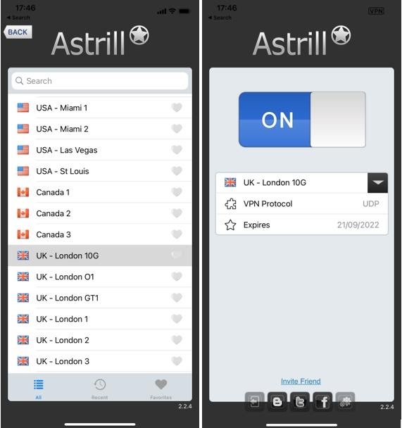 A screenshot of Astrill app to select a server