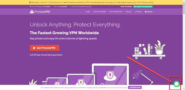 A screenshot of PrivateVPN’s web page with the chat icon highlighted at the bottom right corner