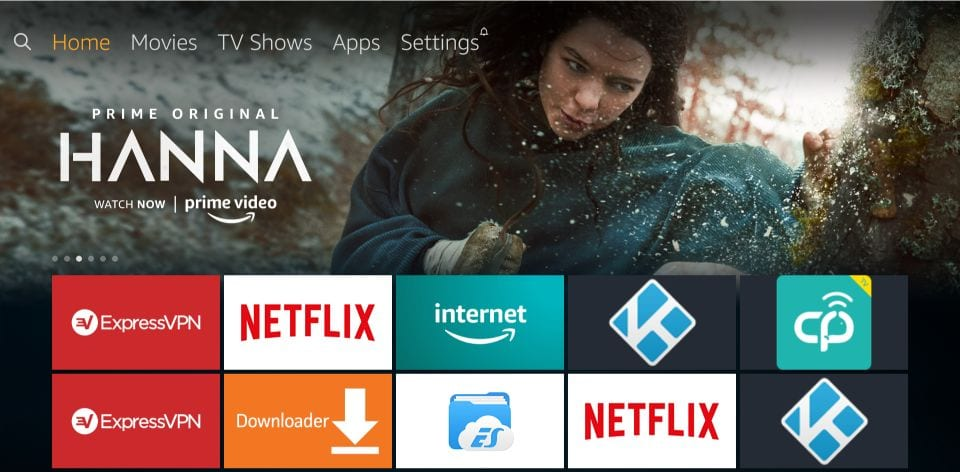 Amazon Fire TV Homescreen with a tile menu of various apps