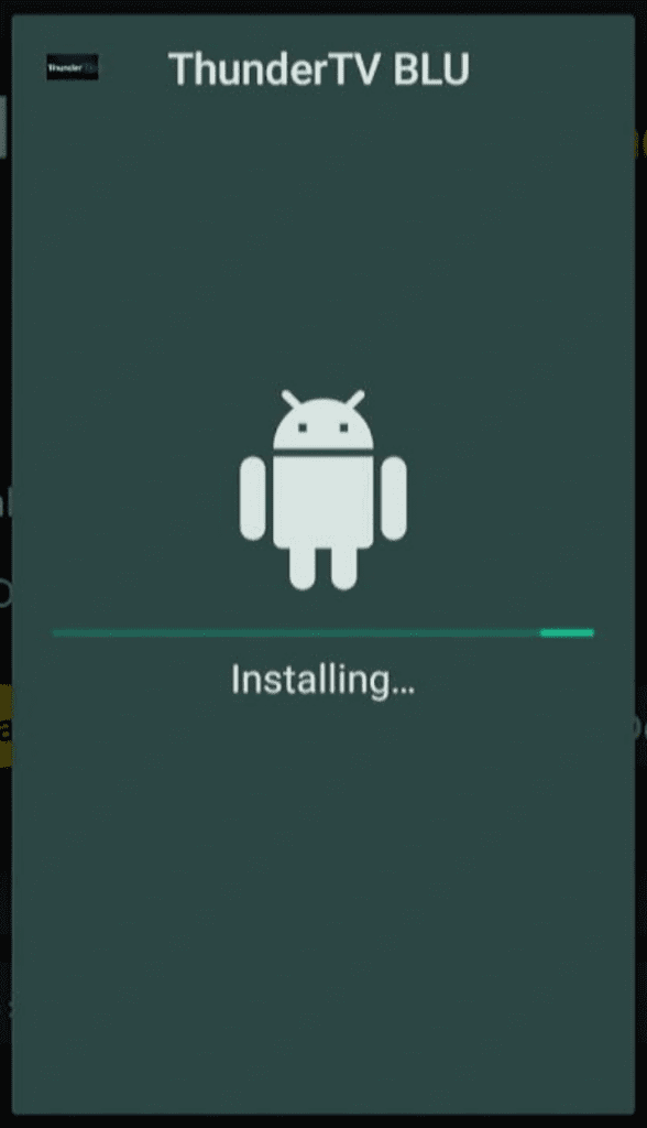 Amazon Firestick window showing ThunderTV BLU with the Android icon getting installed