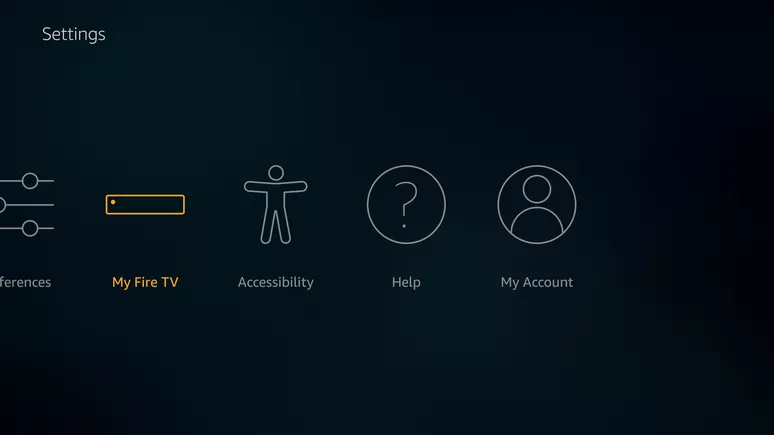 Amazon Prime Settings menu showing My Fire TV as one of the options along with Accessibility, Help and My Account