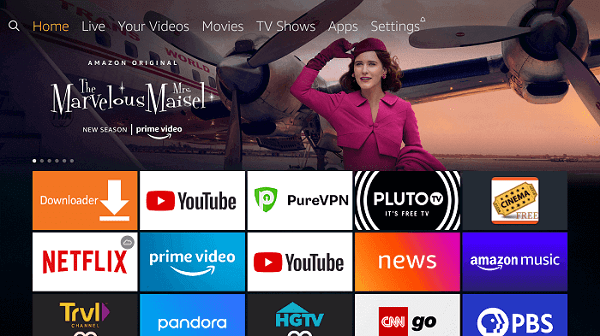 Amazon Prime Video home screen showing the top menu and a tile menu of various apps