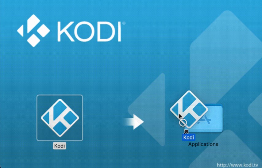 Animation that shows how to move Kodi into the Applications folder on Mac