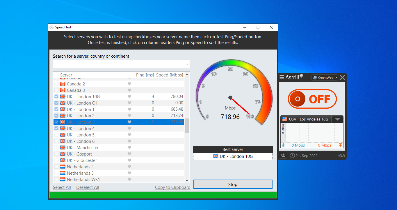 Astrill testing a server’s ping and download speeds