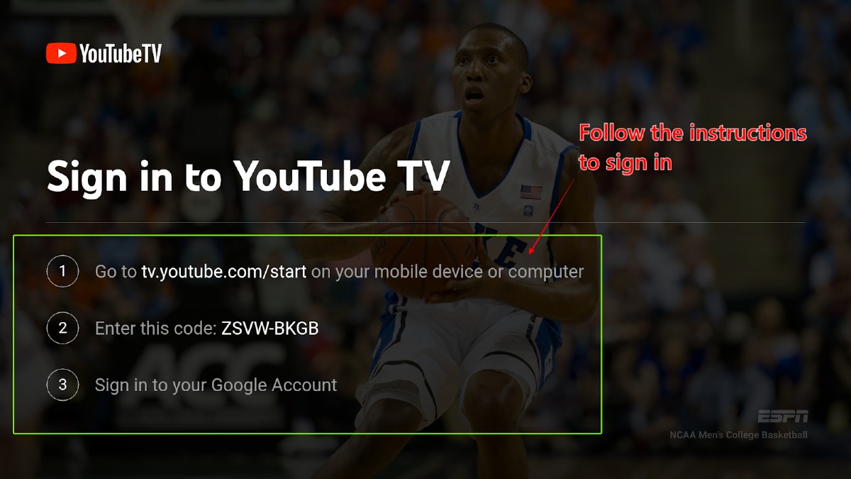 Dialog screen showing instructions on how to sign in to YouTube TV