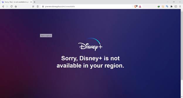 A screenshot of the message on DisneyPlus website for geoblocked users