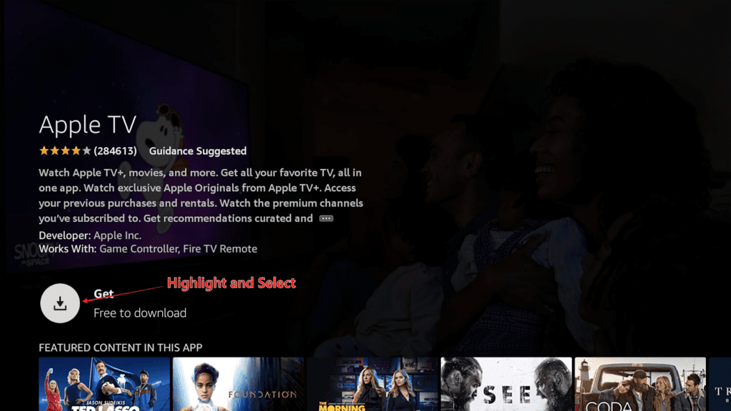 Download icon for Apple TV highlighted on Amazon App Store’s screen