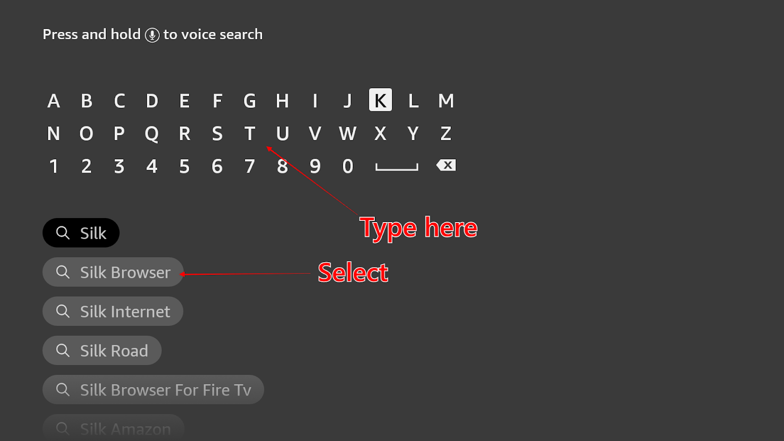 Firestick Search menu showing Silk Browser in the search results