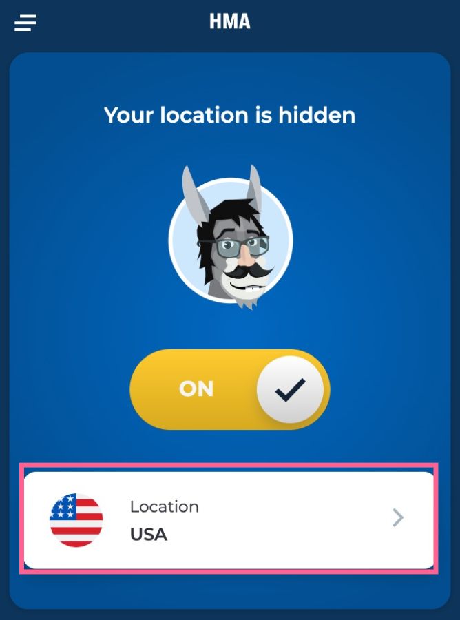 HMA VPN screen showing a masked US IP location