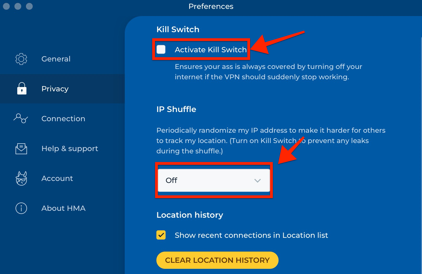 HMA VPN’s Preferences screen under Privacy settings show the Kill Switch, IP Shuffle and Location history options