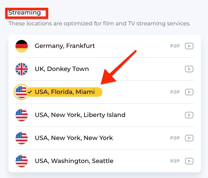 A screenshot of HMA VPN’s film and TV streaming-specific server locations - Frankfurt in Germany, Donkey Town in the UK and 4 cities in the US