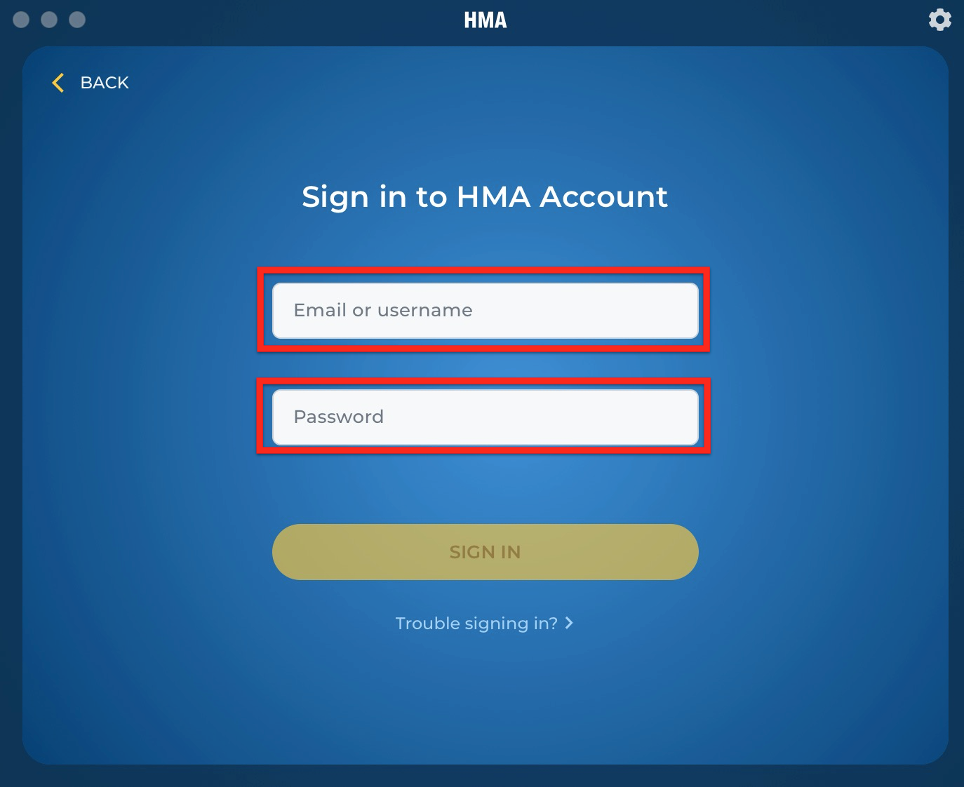 HMA VPN’s login screen on a Mac app providing fields for username and password