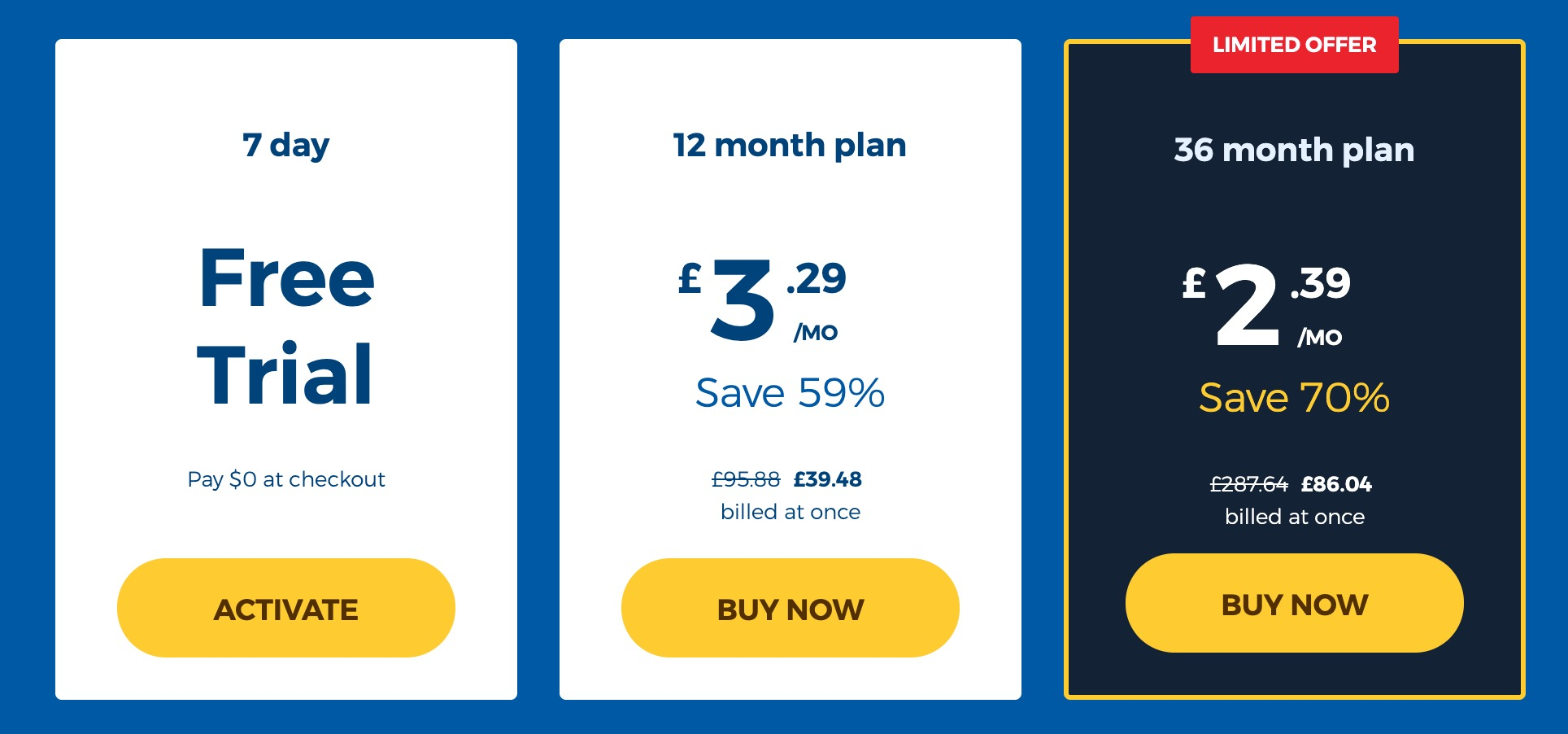 HMA VPN’s three pricing plans for 5 devices: free trial, 12 months at £3.29/month and 36 months at £2.39/month