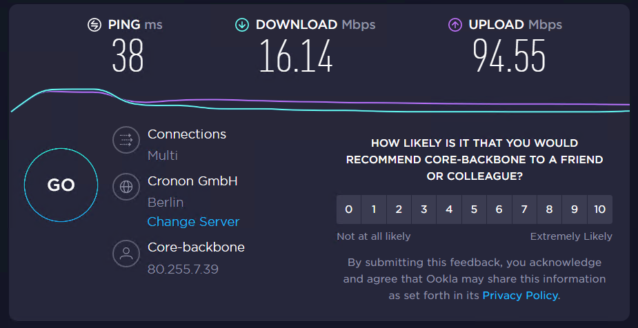 HMA’s server speed for Berlin showing 16 Mbps download speed and 94 Mbpsupload speed