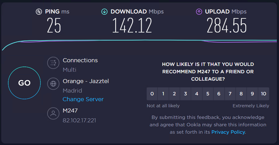 HMA’s server speed for Madrid showing 142 Mbps download speed and 284 Mbps upload speed